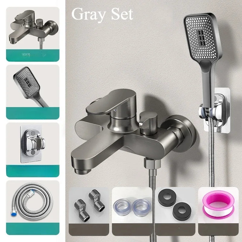 FanzyMarket wall-mount bathtub mixer faucet with handheld 3-mode shower, chrome finish, 1/2-inch connection, 150 cm hose, bathroom plumbing.