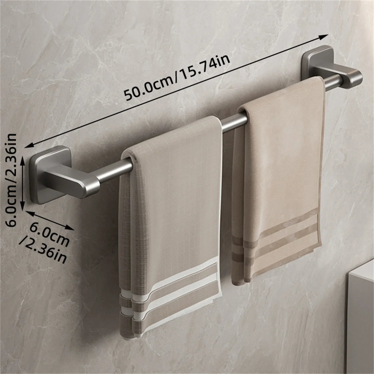 Self-adhesive double towel bar in white and gray, FanzyMarket bathroom towel rack with no-drill installation on smooth surfaces.