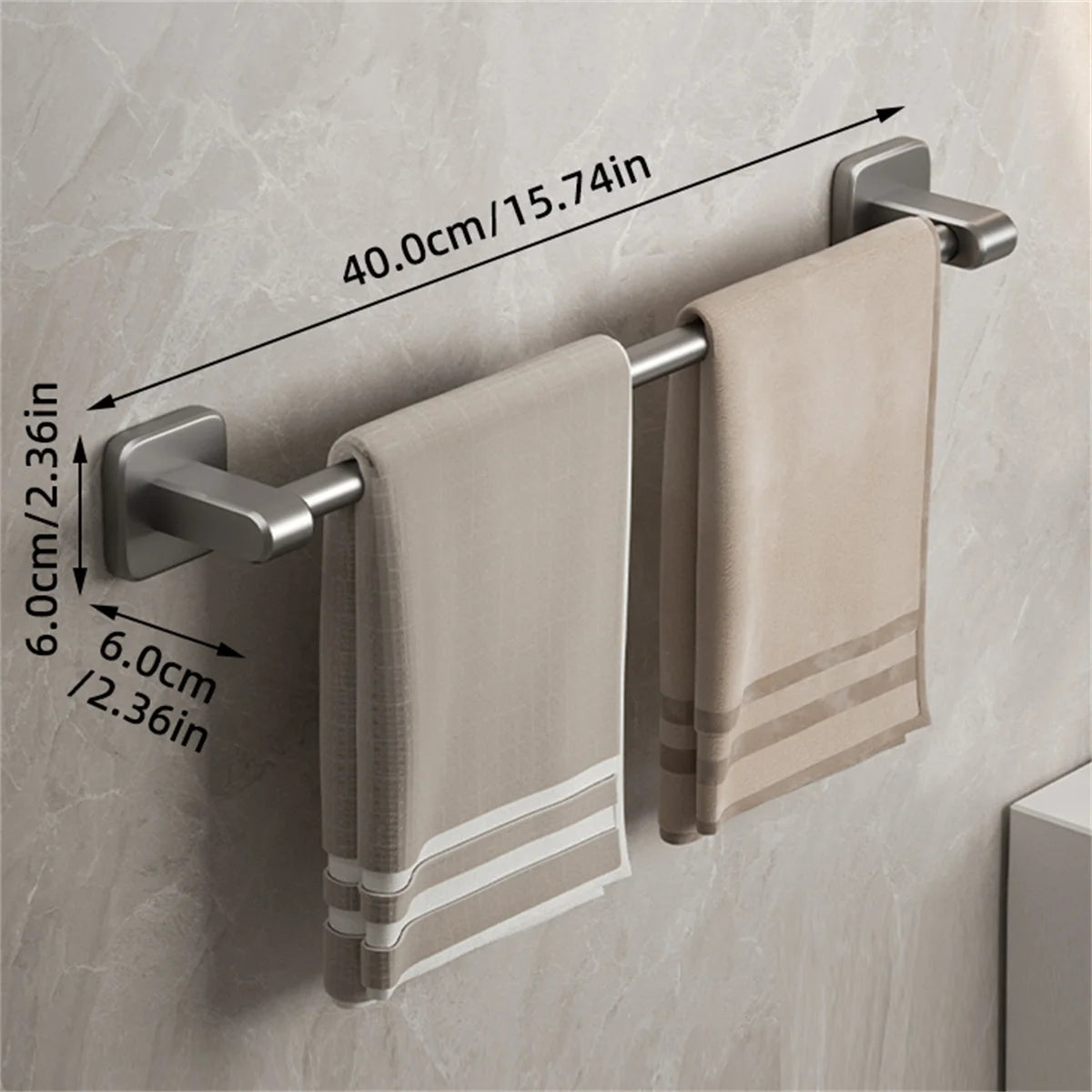 FanzyMarket self-adhesive double towel bar in gray and white, mounted on bathroom wall, no-drill design for convenient towel storage.