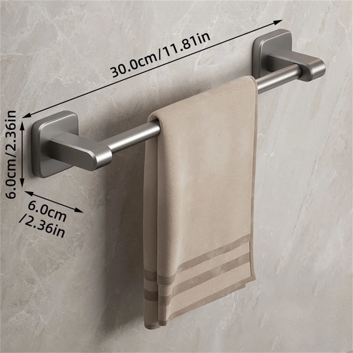 FanzyMarket self-adhesive double towel bar in gray and white, no-drill bathroom towel rack with two bars for towels.