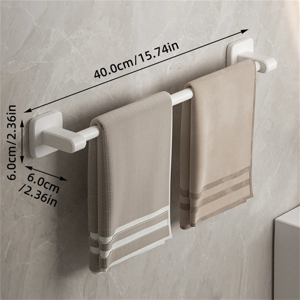 Gray and white self-adhesive double towel bar from FanzyMarket, no-drill bathroom towel rack, wall-mounted for convenient towel storage.