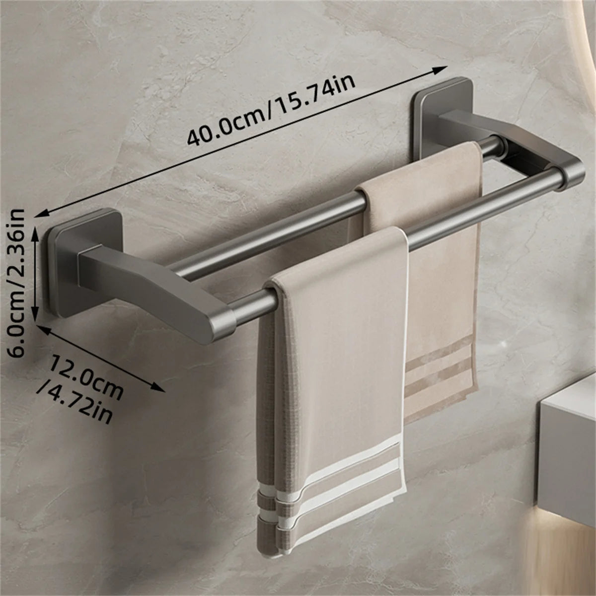 FanzyMarket self-adhesive double towel bar in gray and white, wall-mounted bathroom towel rack with no drill installation.