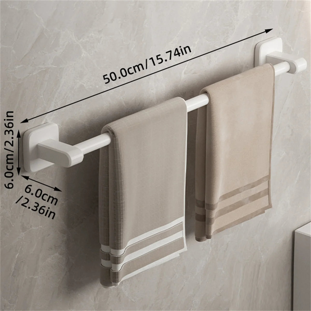 Gray and white self-adhesive double towel bar from FanzyMarket, no-drill bathroom towel rack with two bars for easy towel hanging.