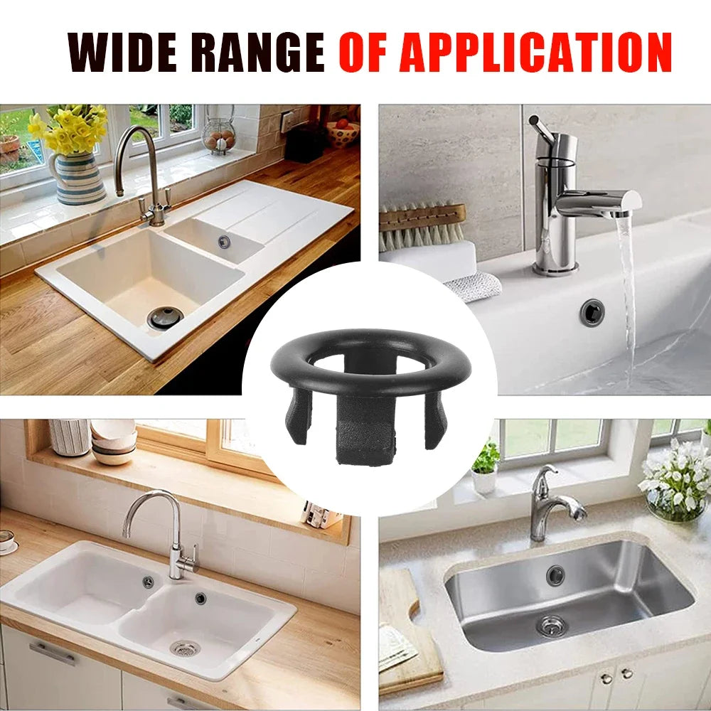 Set of four white plastic sink overflow ring covers for bathroom and kitchen, fitting 22-24mm and 47-48mm overflow holes.