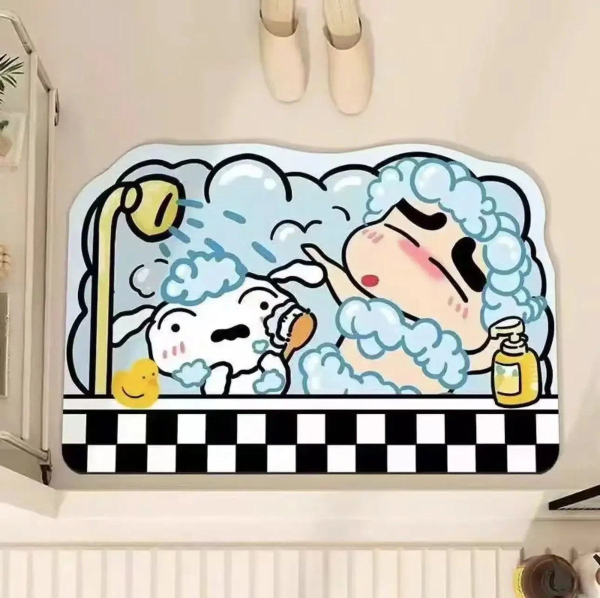 FanzyMarket cartoon anime quick-dry bath mat, soft and absorbent shower rug for bathroom use, featuring colorful anime design.