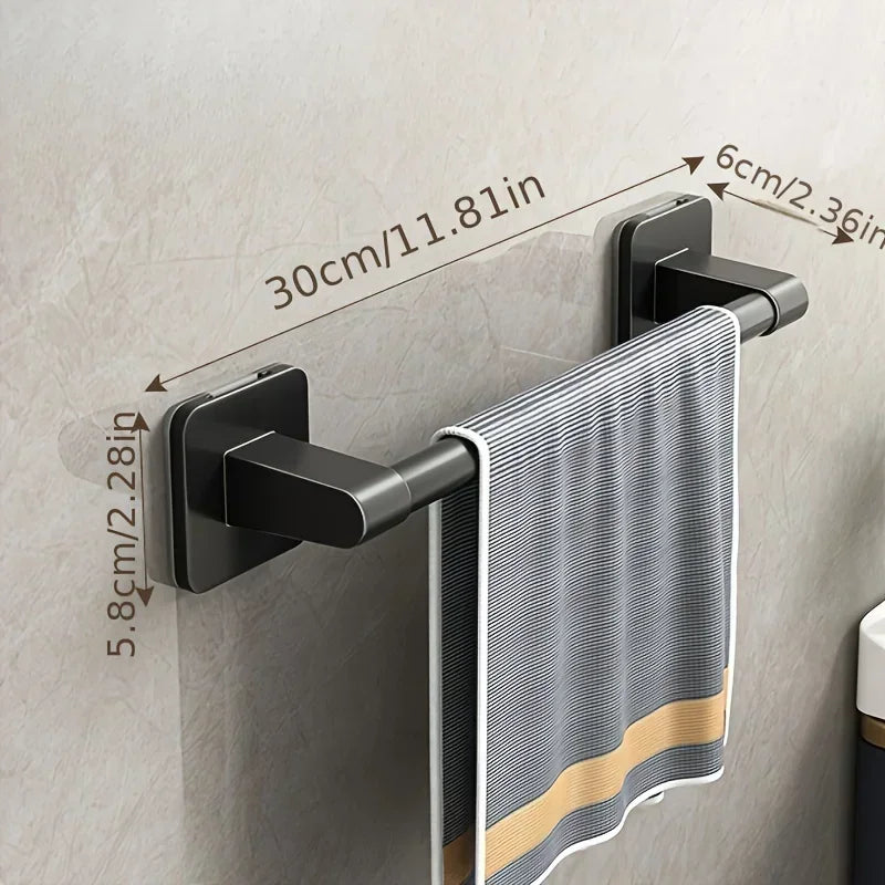 Six aluminum self-adhesive towel rack hooks with polished finish, no-drill wall-mounted towel holders for bathroom use.