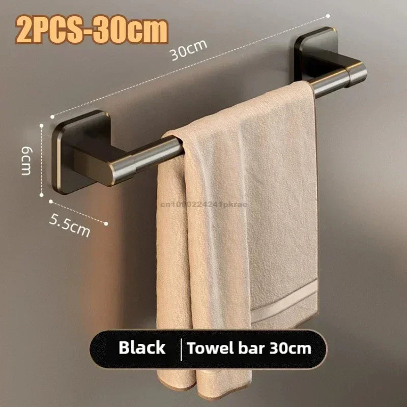 Six aluminum self-adhesive towel rack hooks with polished finish, no-drill wall-mounted towel holder for bathroom use.