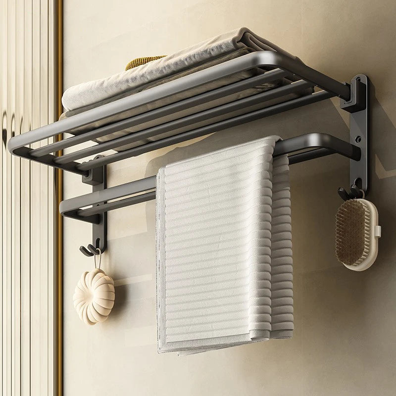 Matte black 50cm folding wall-mount aluminum towel rack with double bar and hook for bathroom storage.