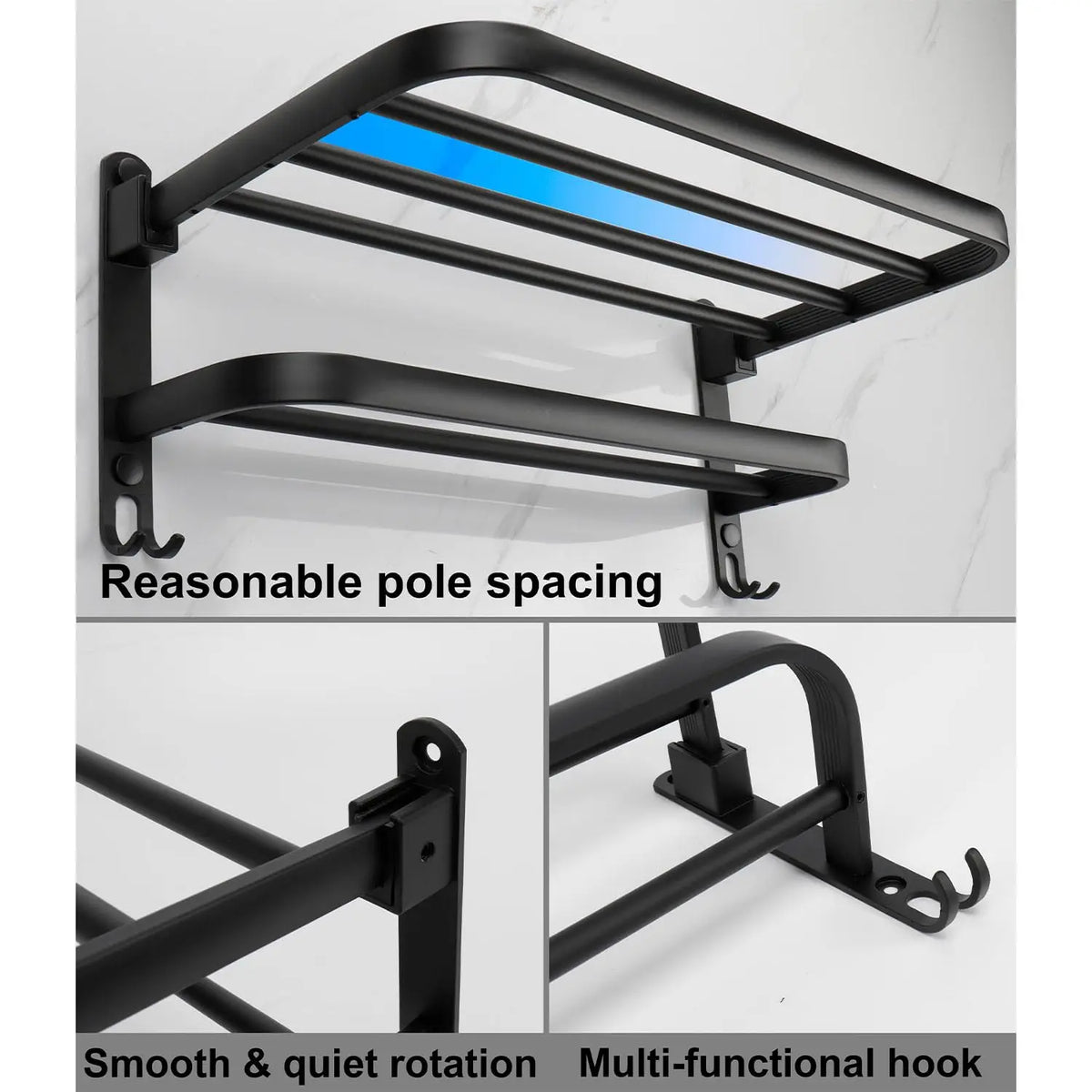 Matte black 50cm folding aluminum wall-mount towel rack with double bars and hook for bathroom storage by FanzyMarket