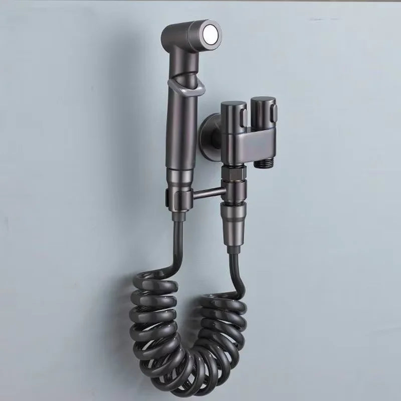 FanzyMarket portable handheld bidet sprayer set with black body, used for personal hygiene and bathroom cleaning.