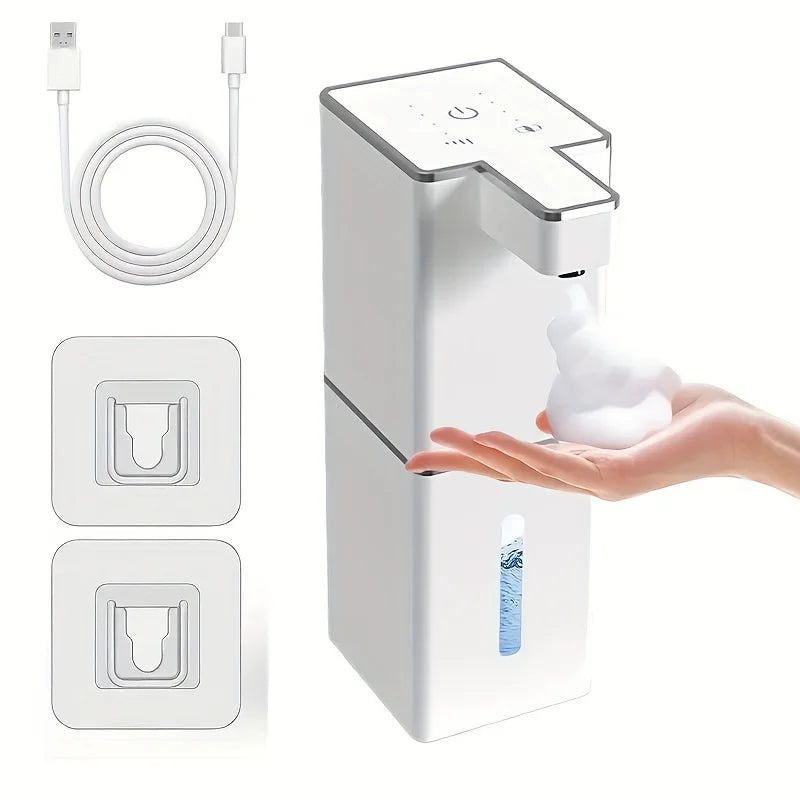 FanzyMarket wall-mounted touchless soap dispenser with black finish, 380ml capacity for foam and liquid soap in kitchen or bathroom.