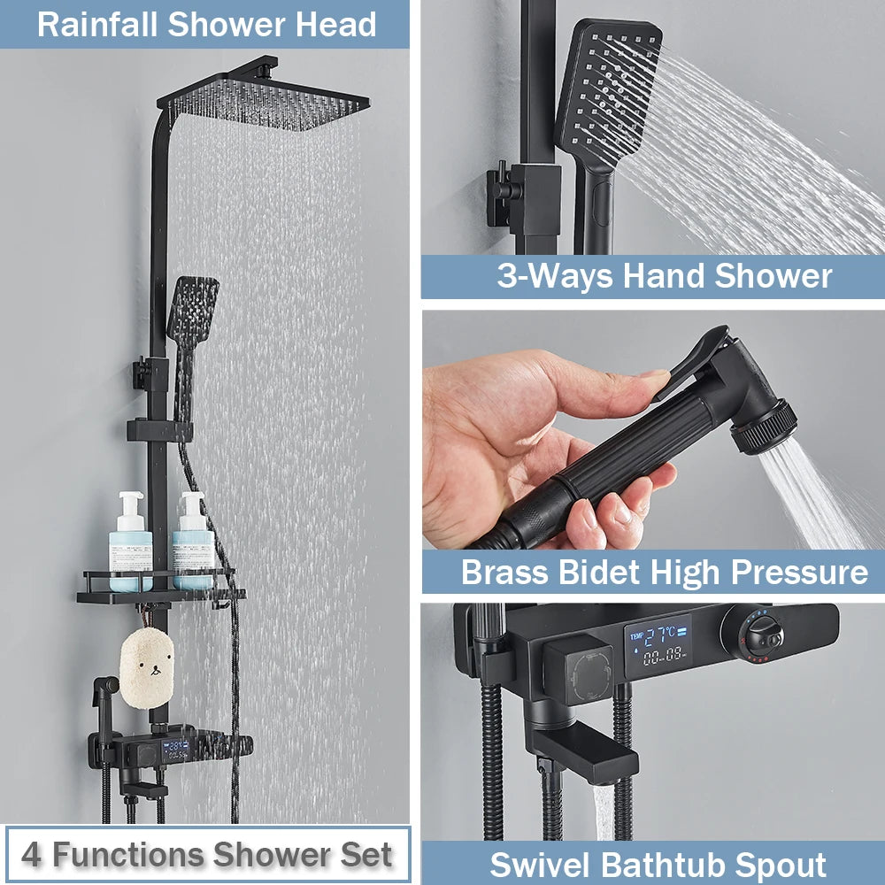 Black FanzyMarket digital thermostatic shower system with 10-inch rainfall head, 4-way mixer, slide bar, and bidet faucet.