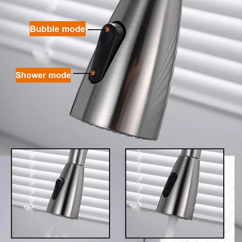 FanzyMarket 360° rotating telescopic pull-out kitchen faucet in brushed nickel with single-handle deck mount for modern kitchens.
