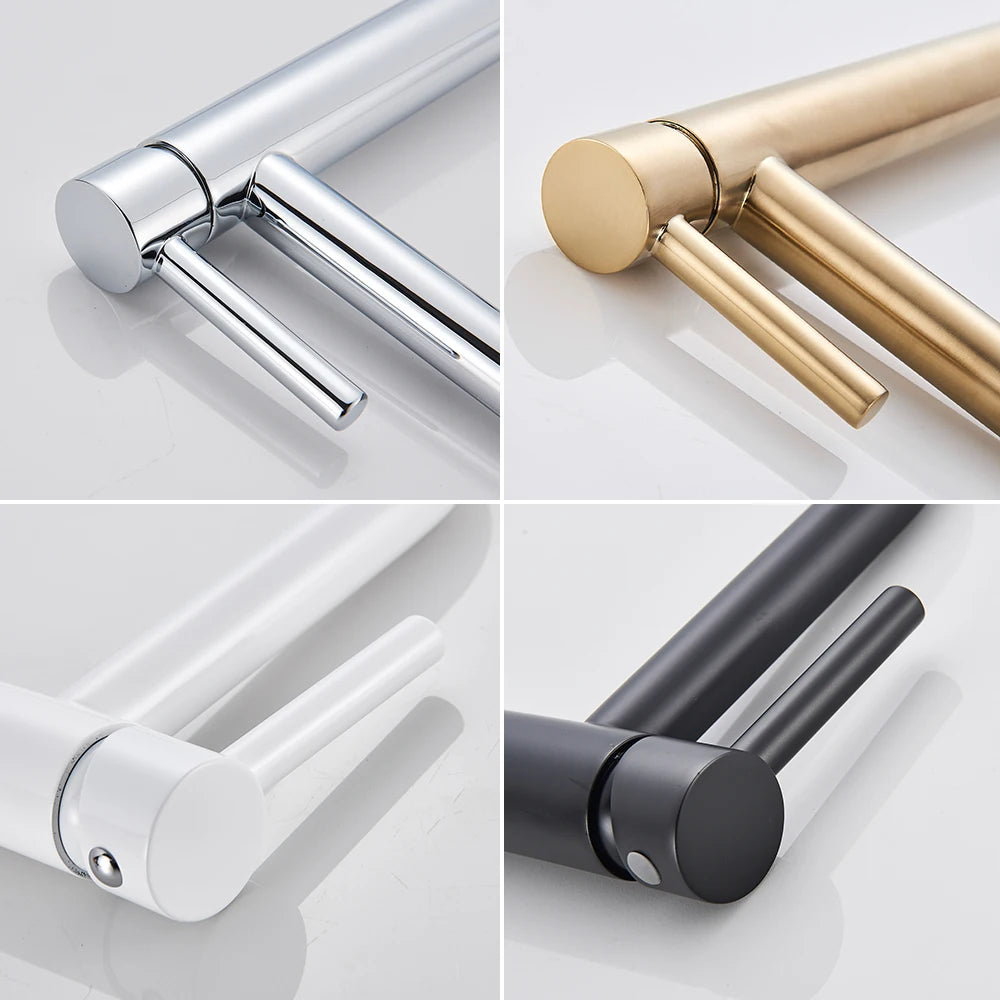 Brushed gold single-handle basin faucet mixer tap with matte black finish, deck-mounted for bathroom sink installation.