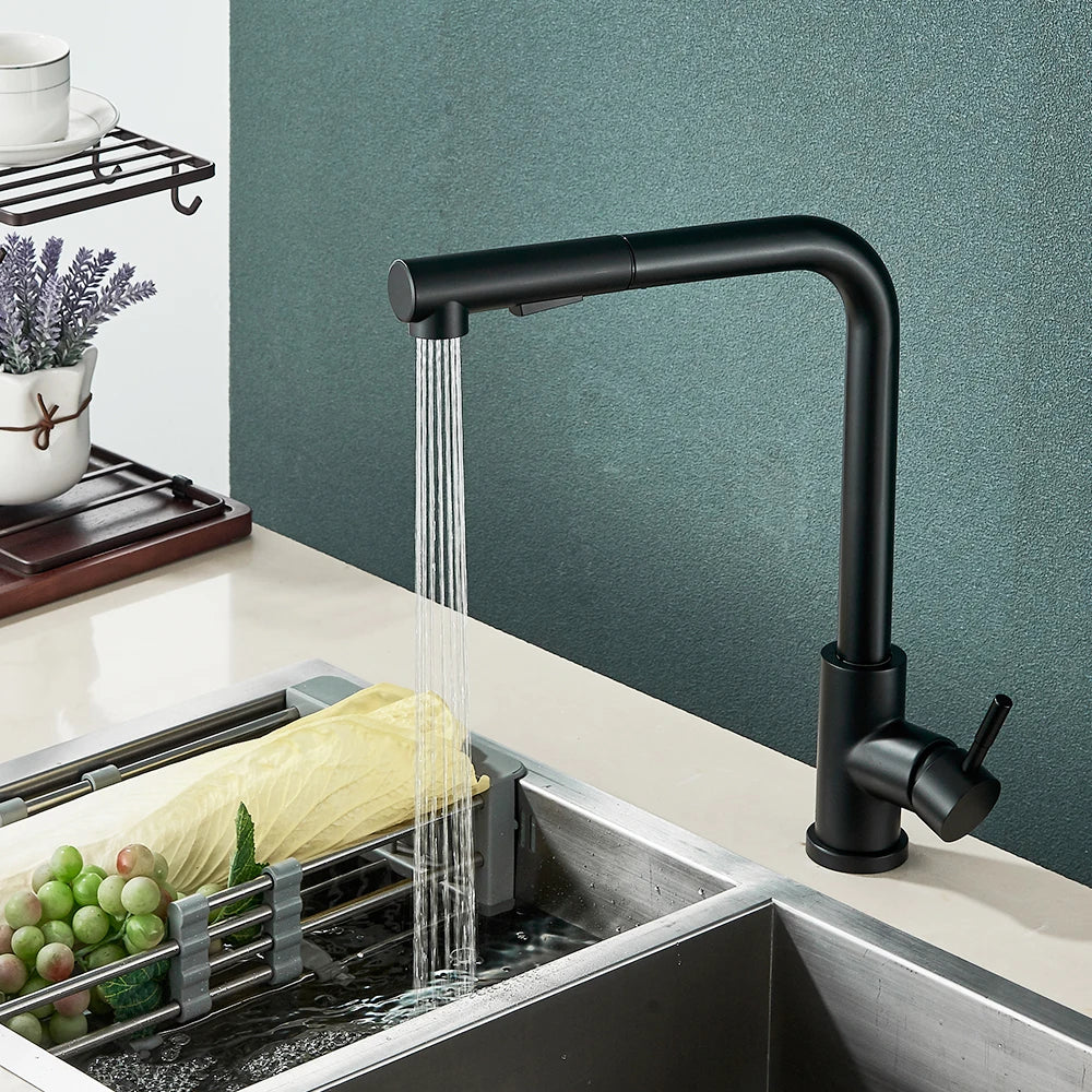 Black FanzyMarket pull-out kitchen faucet with retractable spray, single handle, deck-mounted mixer tap for hot and cold water.