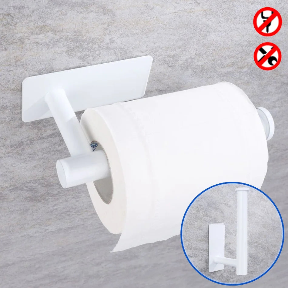 Brushed gold stainless steel wall mount toilet tissue holder with shelf, adhesive and nail-free installation, for bathroom organization.