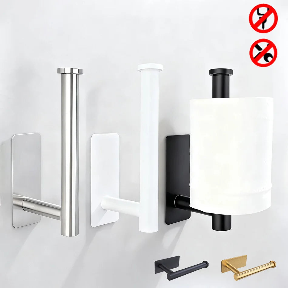 Brushed gold stainless steel wall mount paper holder with towel shelf, adhesive and nail-free design for bathroom storage.