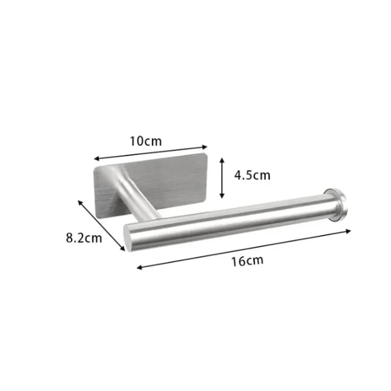 Matte black stainless steel toilet paper holder with self-adhesive mount, wall-mounted design for bathroom convenience.