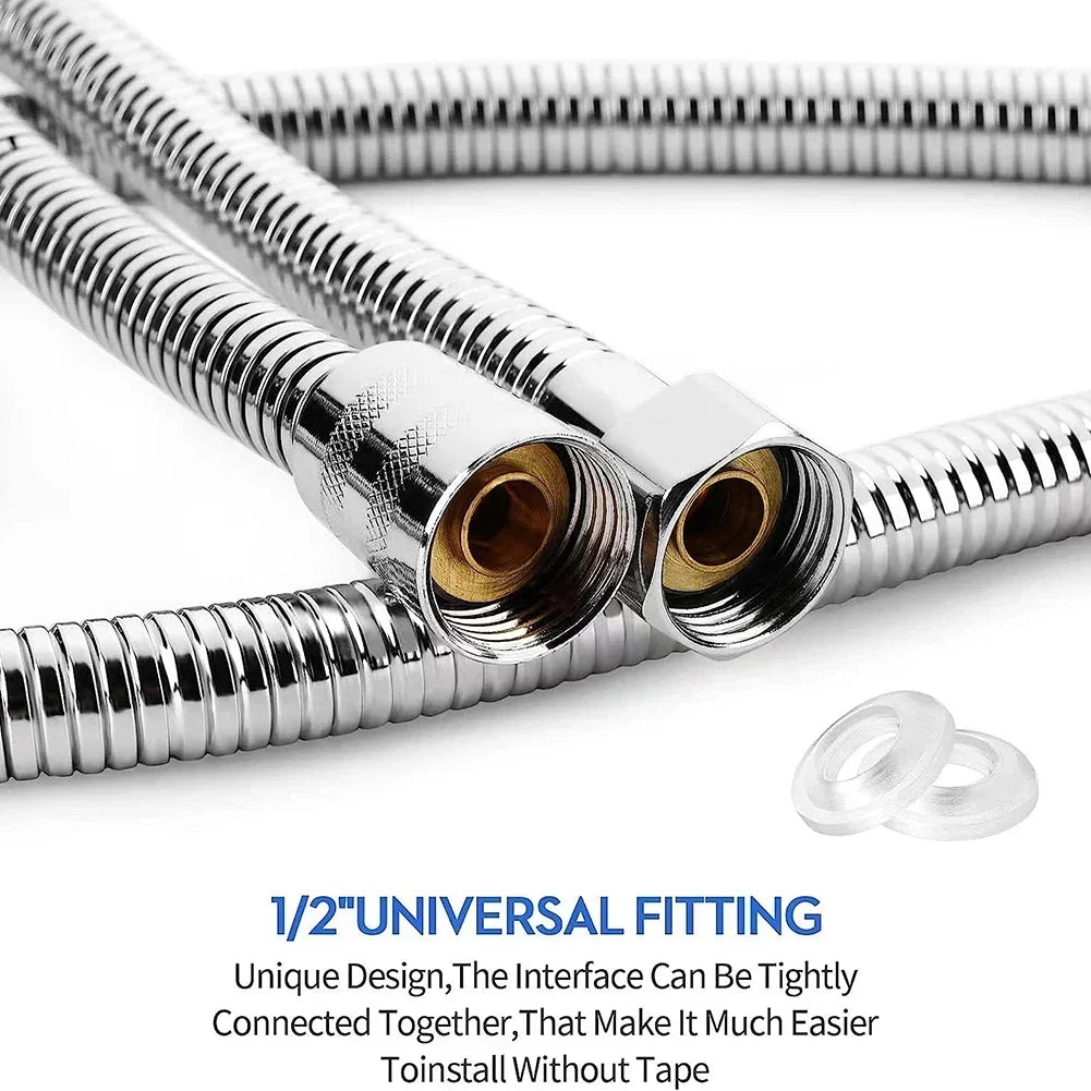 FanzyMarket 2M stainless steel shower hose extension showing flexible water pipe with fittings for bathroom plumbing.
