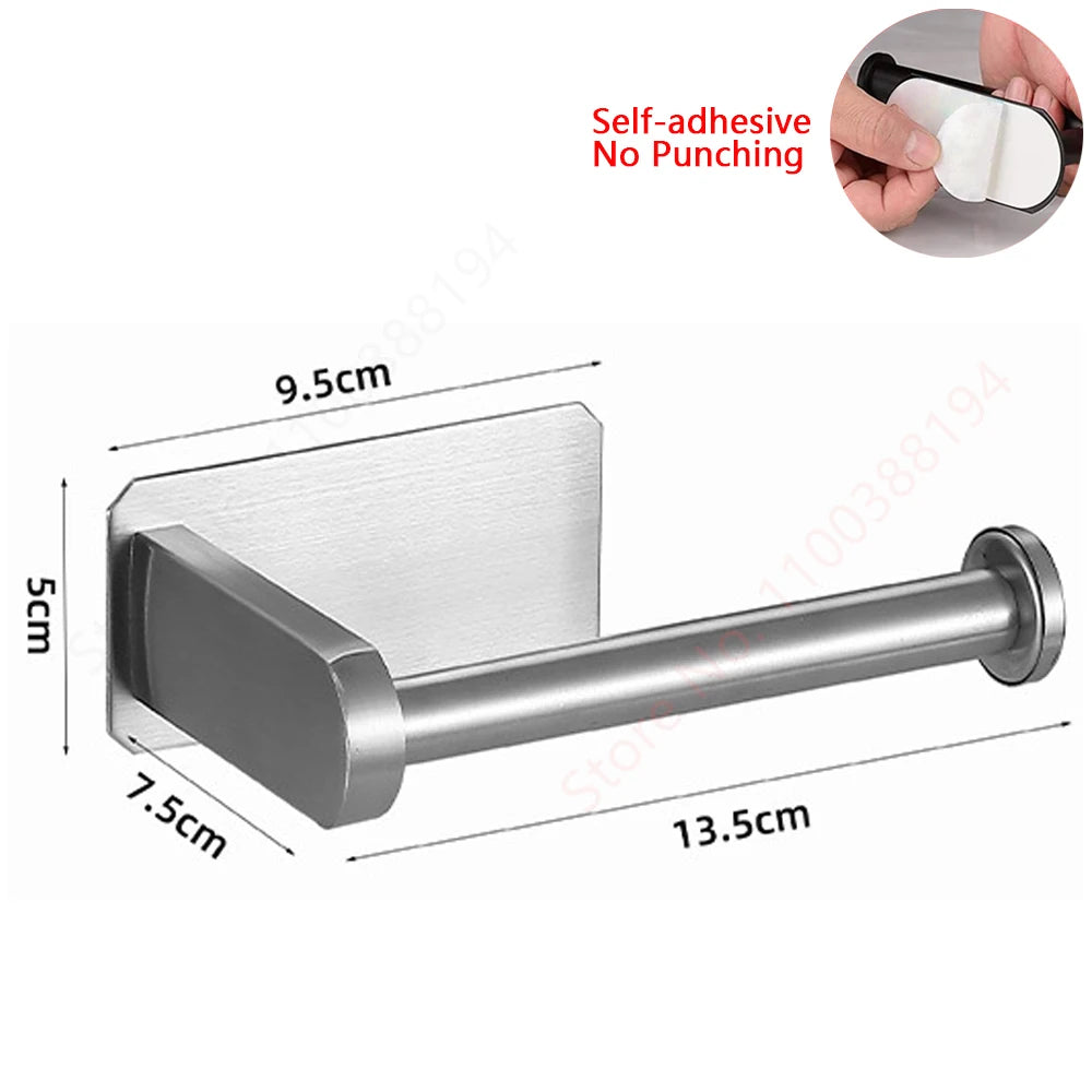 FanzyMarket stainless steel self-adhesive toilet paper holder mounted on wall, holding up to 30 cm tissue or towel, no drill needed.