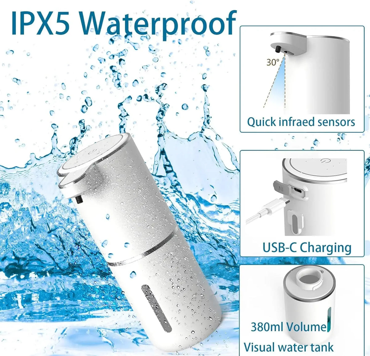FanzyMarket touchless automatic foam soap dispenser with infrared sensor, USB rechargeable, suitable for bathroom and kitchen use.