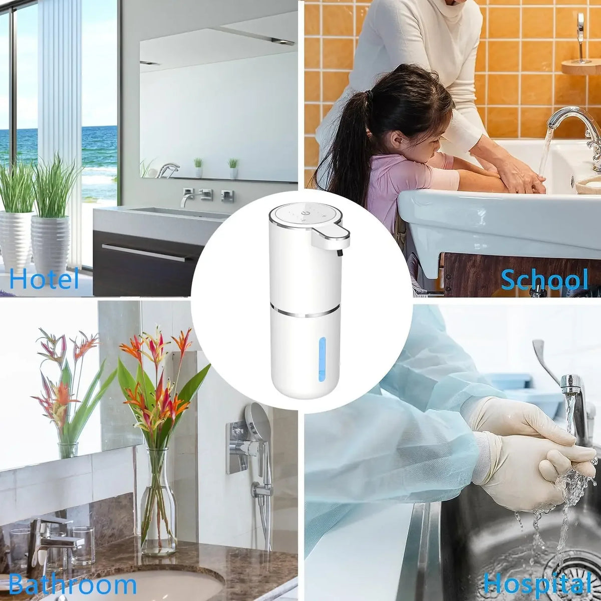 FanzyMarket automatic foam soap dispenser with infrared sensor, hands-free, USB rechargeable, for bathroom and kitchen use.