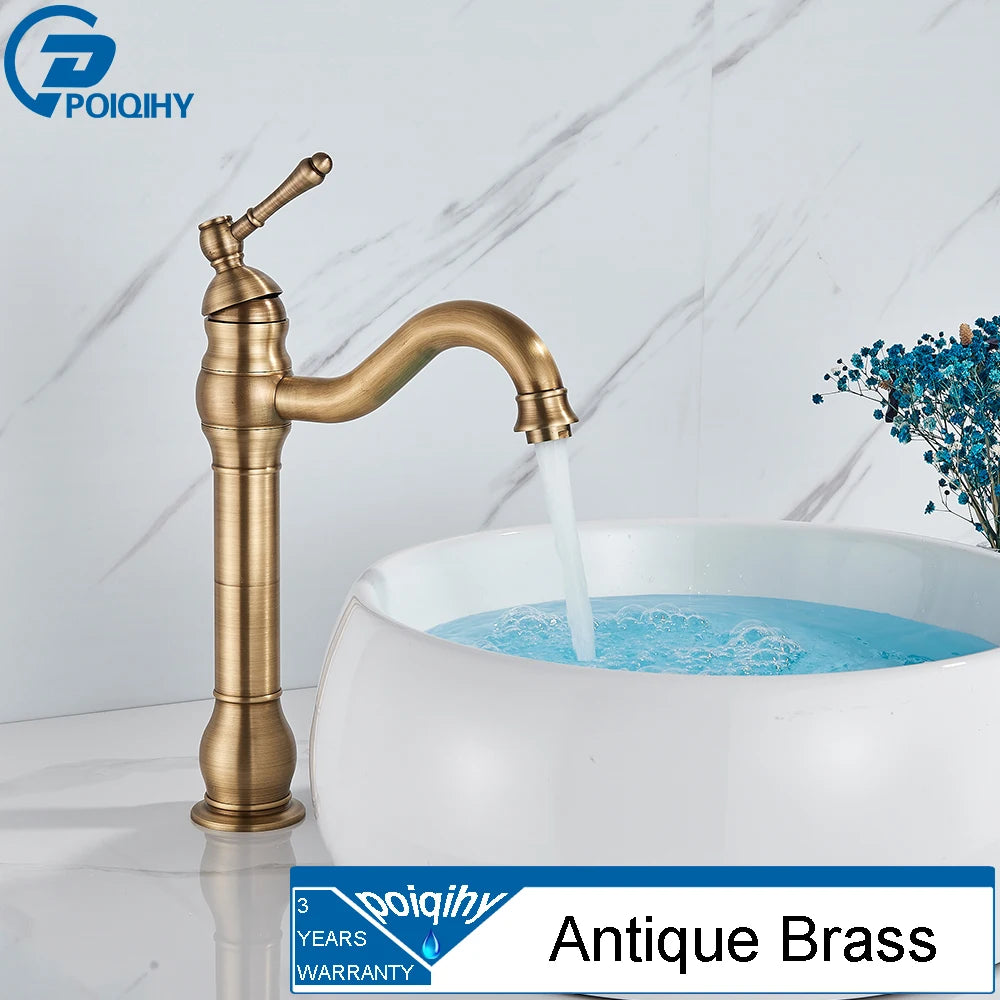 FanzyMarket antique brass vessel sink faucet, deck-mounted single-hole hot and cold mixer tap for bathroom plumbing.