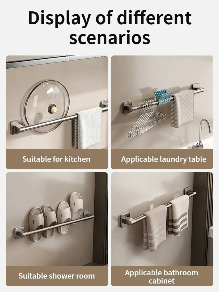 Gray 80cm no-drill adhesive towel bar from FanzyMarket mounted on bathroom tile, kitchen glass for hanging towels and hooks.
