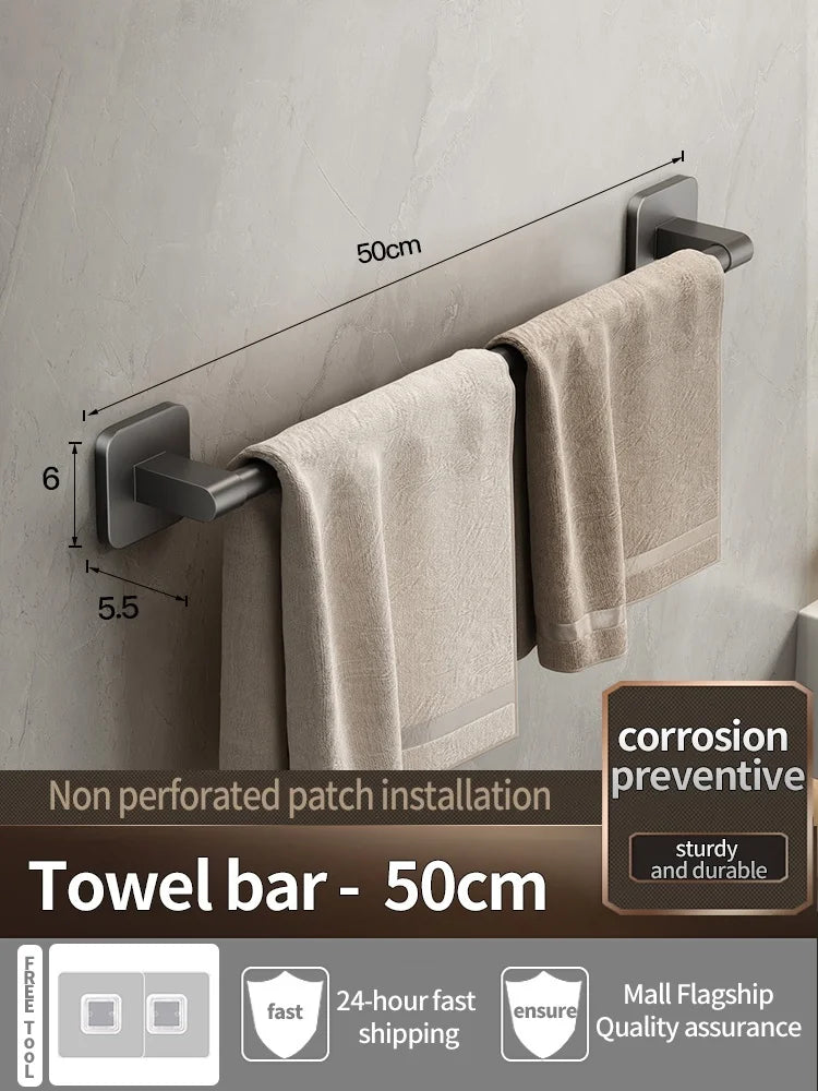 Gray 80cm no-drill adhesive towel bar by FanzyMarket, wall-mounted bathroom and kitchen towel rack on tile or glass surfaces.