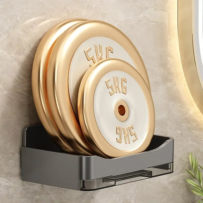 FanzyMarket wall-mounted soap and sponge holder with double-drain plastic dish, grey color, compact bathroom storage accessory.