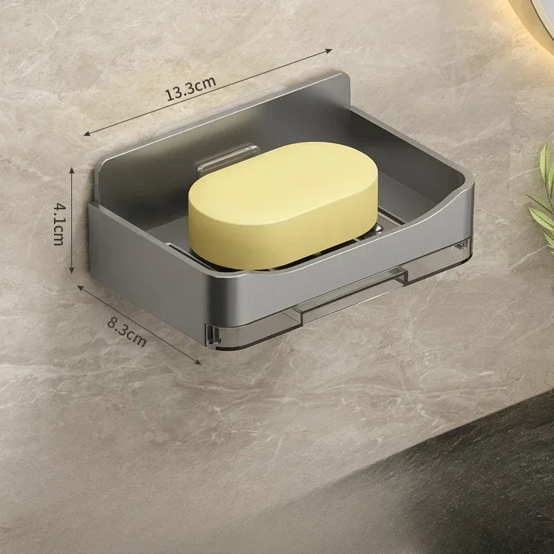 FanzyMarket wall-mounted soap and sponge holder with double-drain plastic dish, grey color, compact bathroom storage accessory.