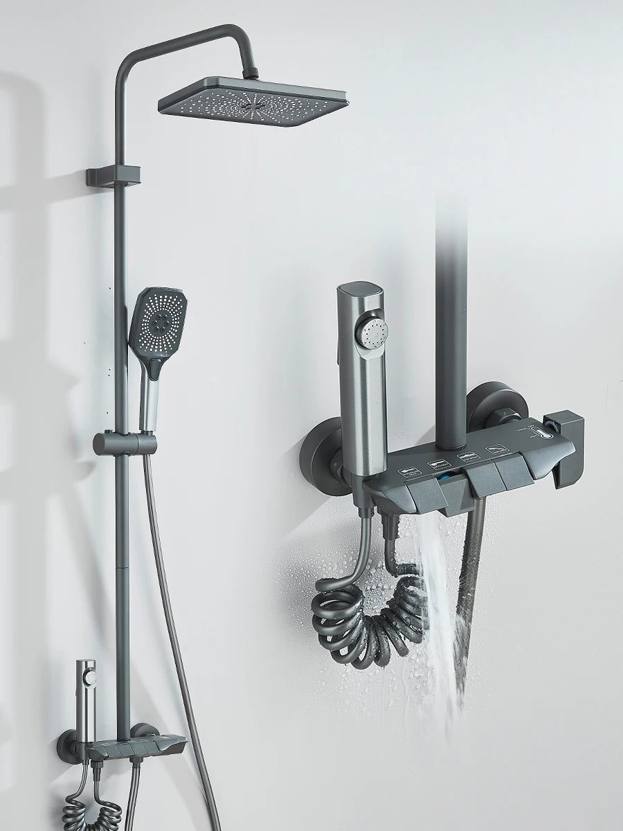 FanzyMarket 4-way piano shower system with 16-inch rain shower, bidet faucet, and hot/cold mixer for bathroom plumbing.
