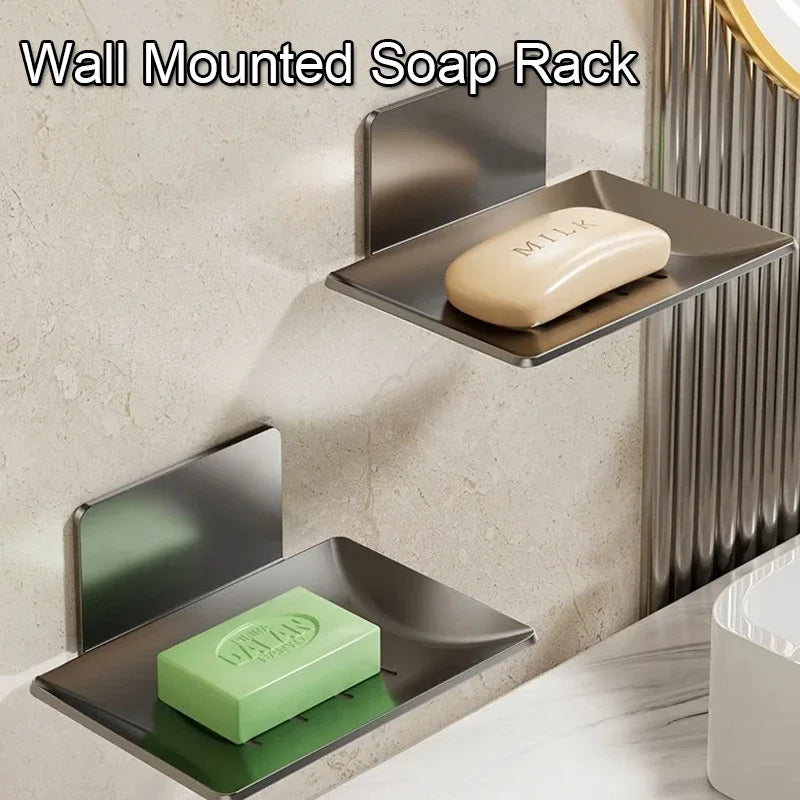Gray no-drill wall-mounted metal soap rack for bathroom shower, waterproof bathroom soap holder by FanzyMarket.