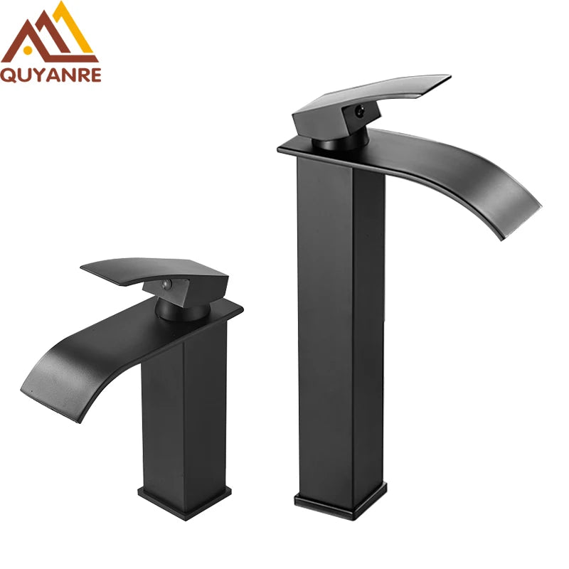 Matte black waterfall basin faucet by FanzyMarket, deck-mounted single-handle mixer tap with hot and cold water for bathroom sink.