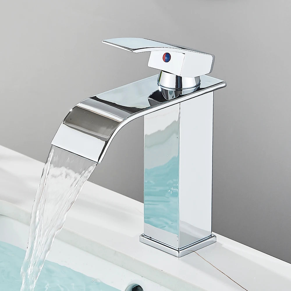 Matte black waterfall basin faucet by FanzyMarket, deck-mounted single-handle mixer tap with hot and cold controls for bathroom sink.