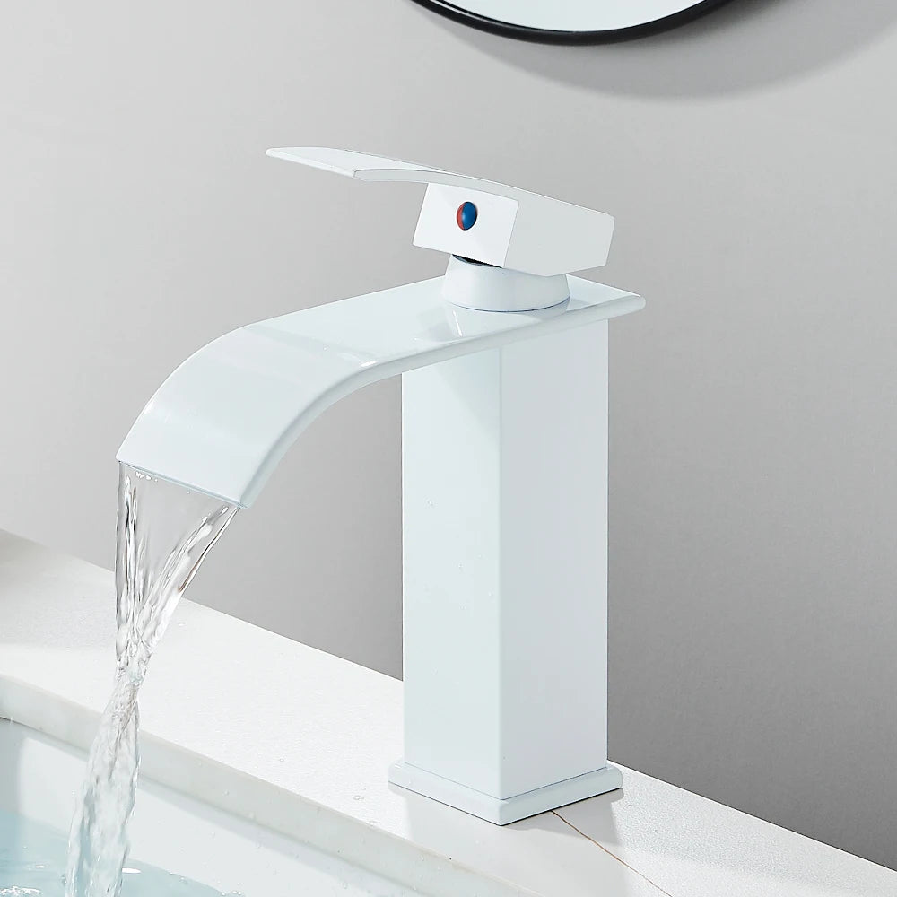 Matte black waterfall basin faucet by FanzyMarket with single-handle mixer for bathroom sink, deck-mounted hot and cold water tap.