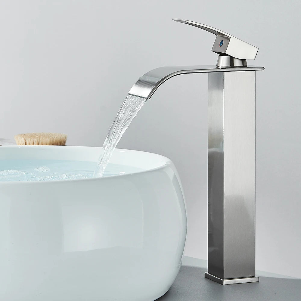 Matte black waterfall basin faucet with single handle for bathroom sink, deck-mounted hot and cold water mixer tap by FanzyMarket