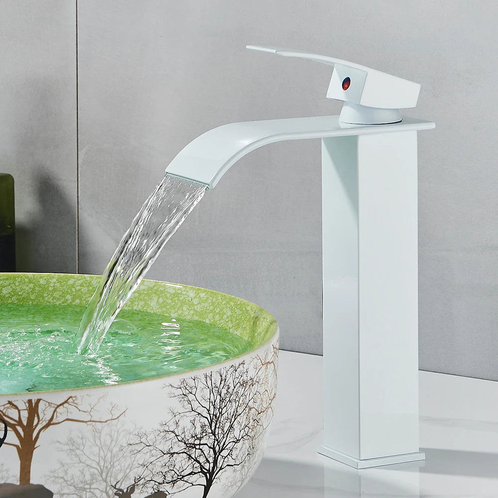 Matte black waterfall basin faucet by FanzyMarket, deck-mounted single-handle mixer tap for bathroom sink with hot and cold water.