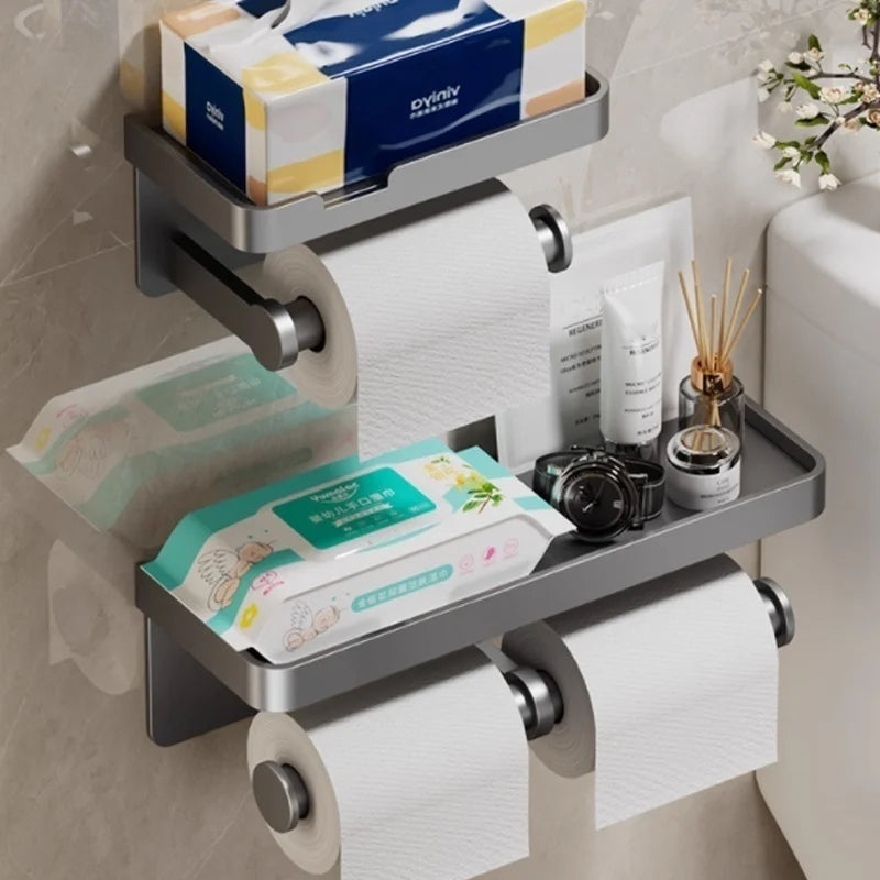 FanzyMarket no-drill aluminum toilet paper holder, wall-mounted, rust-resistant bathroom accessory with adhesive or screw mounting.