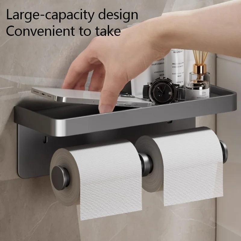 FanzyMarket no-drill aluminum toilet paper holder, wall-mounted bathroom tissue rack, rust-resistant and easy to install.