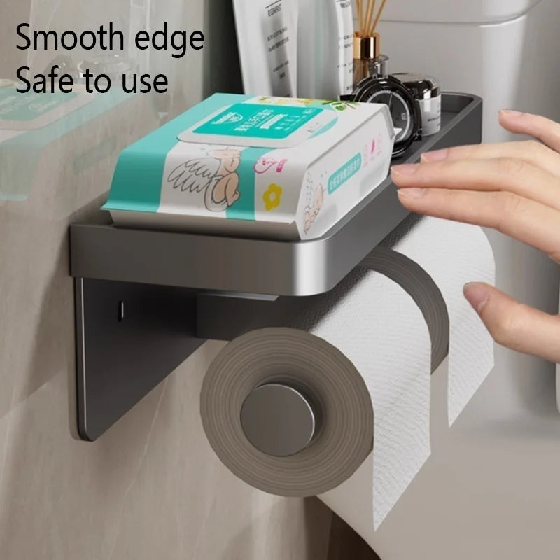 FanzyMarket aluminum toilet paper holder, wall-mounted no-drill bathroom accessory with rust-resistant finish and adhesive or screw mounting