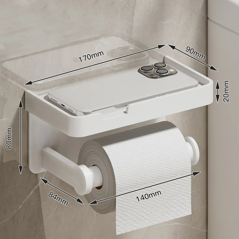 FanzyMarket no-drill aluminum toilet paper holder, wall-mounted rust-resistant bathroom accessory with adhesive or screw mounting.