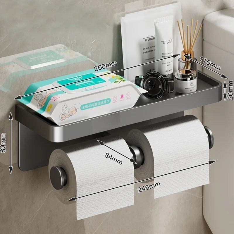 FanzyMarket no-drill aluminum toilet paper holder, wall-mounted rust-resistant tissue rack for bathroom, adhesive or screw installation.