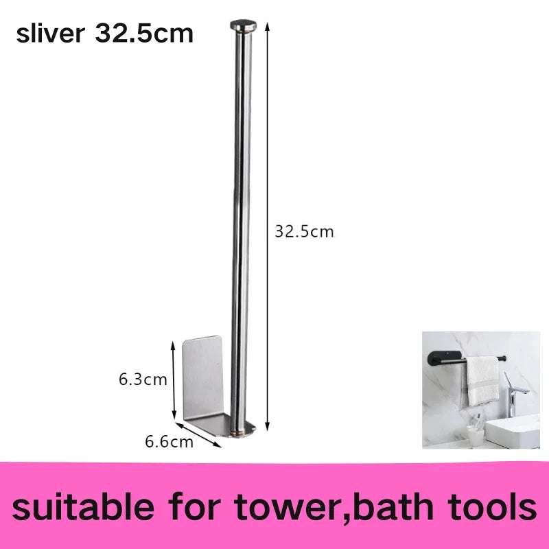 Stainless steel no-drill adhesive toilet paper holder mounted on bathroom wall, with roll and towel rack in a modern home bathroom.