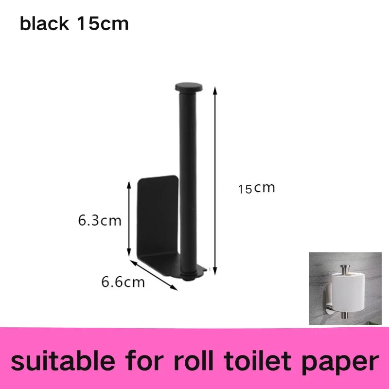 Stainless steel no-drill adhesive toilet paper holder mounted on bathroom wall, with roll of toilet paper and towel rack.