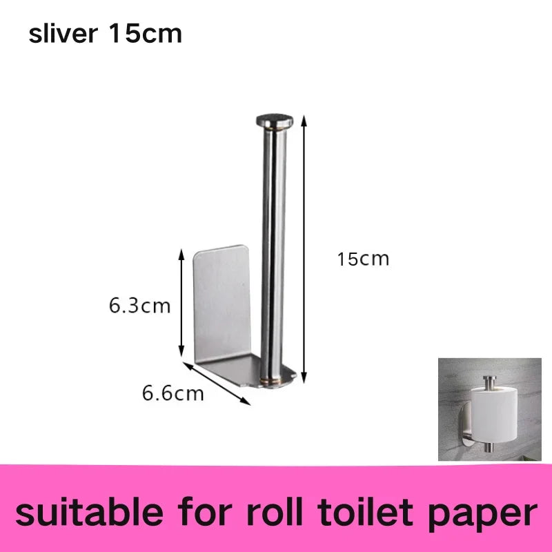 Stainless steel no-drill adhesive toilet paper holder mounted on bathroom wall, with roll and towel rack in a modern home setting.