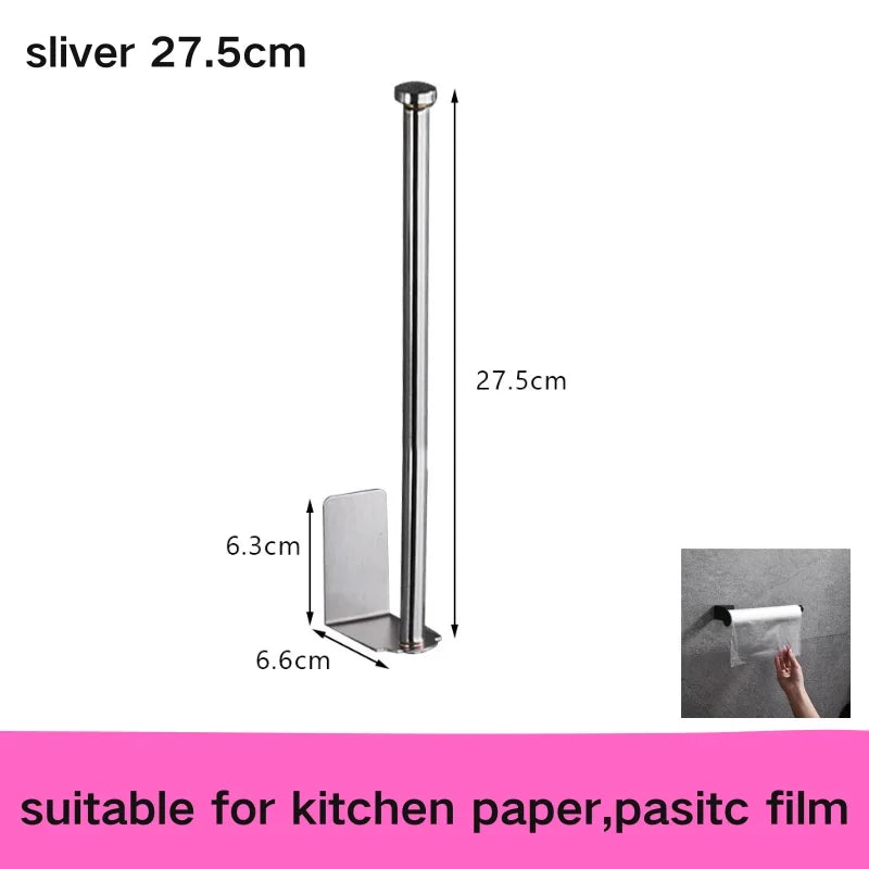 Stainless steel no-drill adhesive toilet paper holder mounted on bathroom wall, with roll holder and towel rack from FanzyMarket.