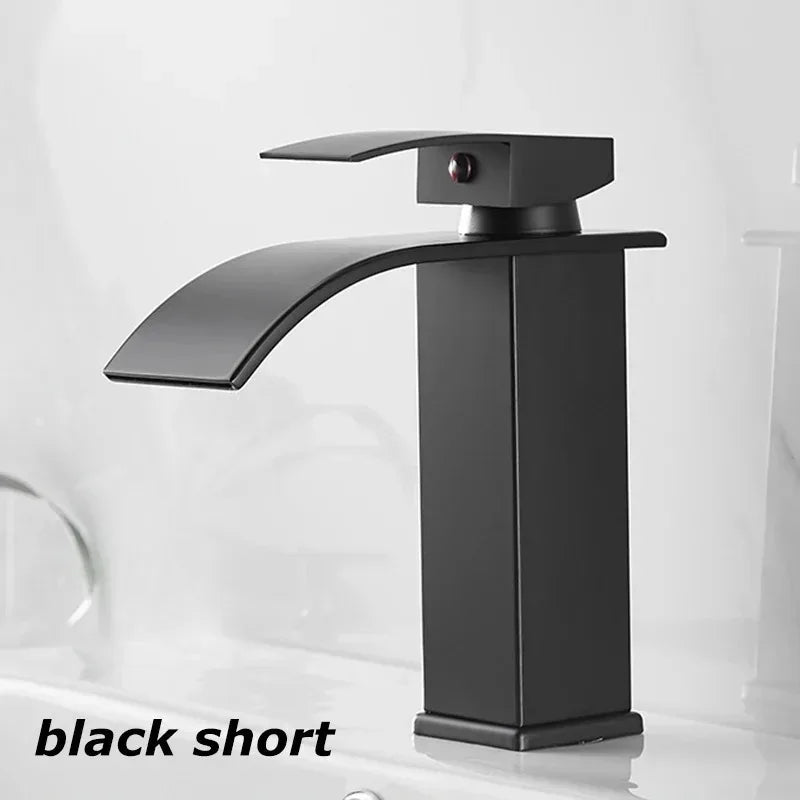 Black waterfall bathroom basin faucet by FanzyMarket, stainless steel deck-mounted high-low mixer tap with hot and cold water controls.