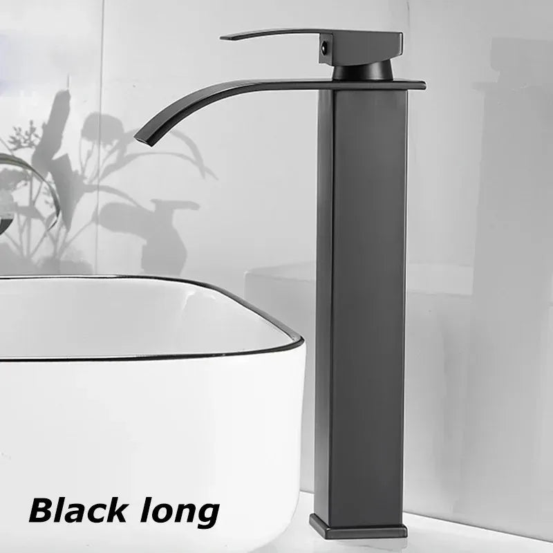 Black waterfall bathroom basin faucet by FanzyMarket, stainless steel deck-mounted high-low mixer tap with hot and cold water.