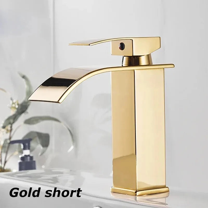 Stainless steel waterfall bathroom basin faucet by FanzyMarket, deck-mounted high-low mixer tap with hot and cold handles.
